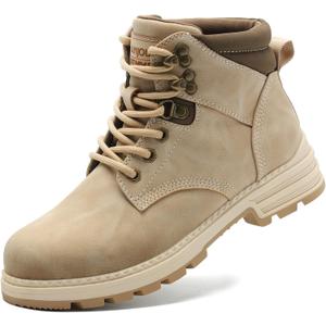 ANJOUFEMME Womens Comfy Outdoor Hiking Boots-Low heels Combat Ankle Boots for Women Non Slip Lace up Winter Shoes for Backpacking Trekking Walking (6, Beige)