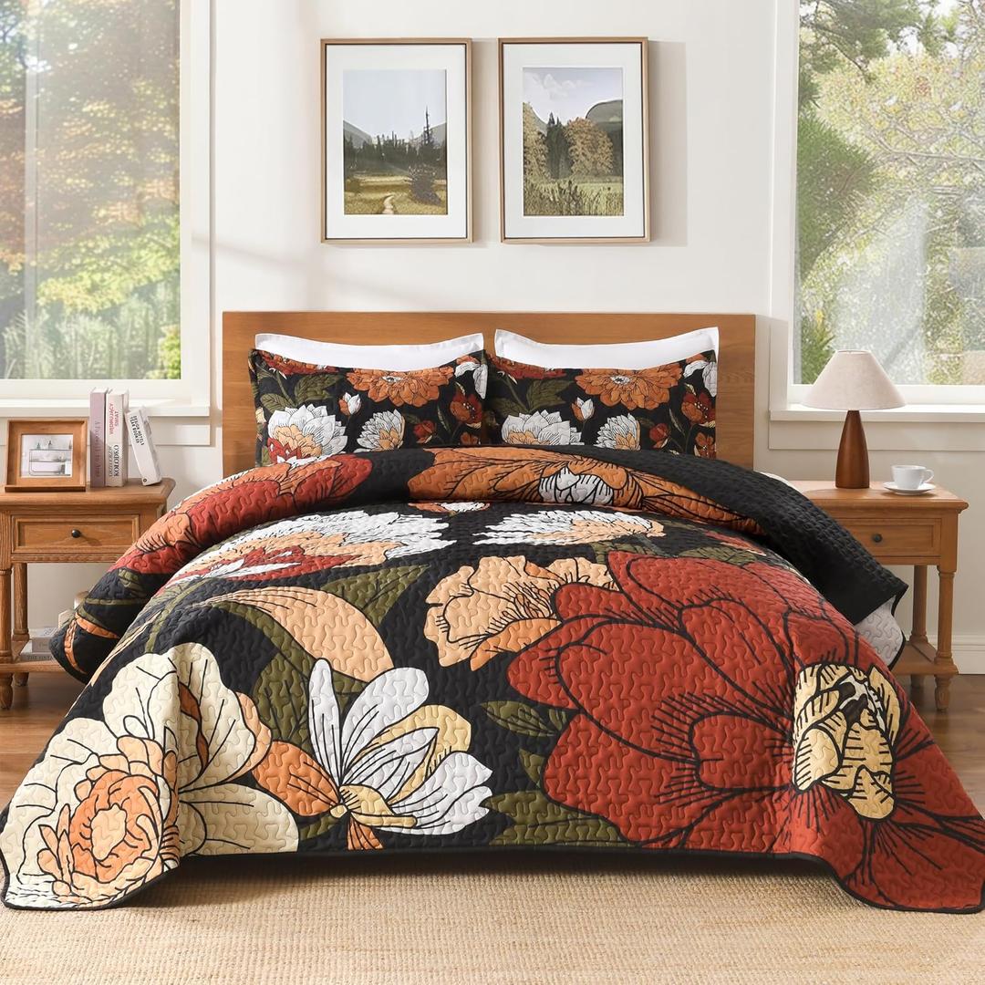 Andency Floral Boho Quilt Super King Plus Size Bedding Set Black, 3 Pieces Farmhouse Flower Botanical Summer Bedspreads with 2 Shams, Soft Reversible Microfiber Coverlet Set for All Season, 128"x120" (Vintage Garden)