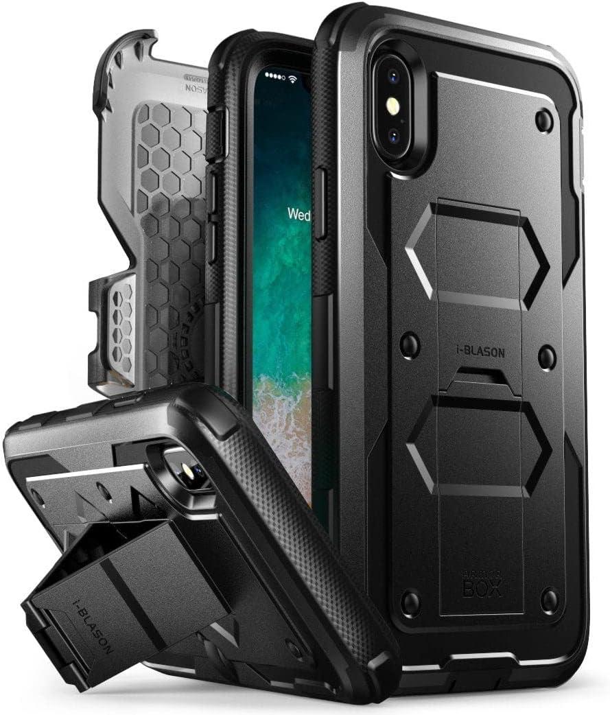 i-Blason Case Designed for iPhone X/iPhone Xs, Armorbox V2.0 Built in Tempered Glass Screen Protector Full Body Heavy Duty Protection Kickstand Shock Reduction Case (Black)