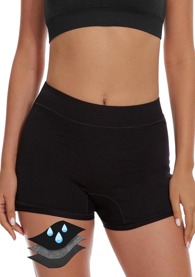 YESWEL Overnight Period Shorts For Women, Leak-proof, Heavy Flow, Menstrual Absorbent Boyshorts (Small, Black)
