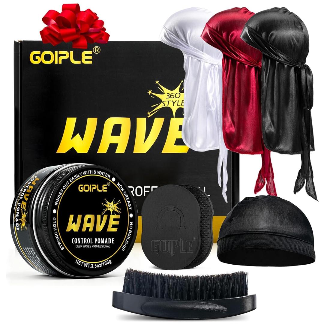Goiple Wave Pomade for Men Strong Hold Easy Wash 360 Wave Training Hair Cream, Waves Grease for Men Promotes Layered Waves, Moisture, Control and Silky Shine Pomade Brushe Silky Durag Cap Set