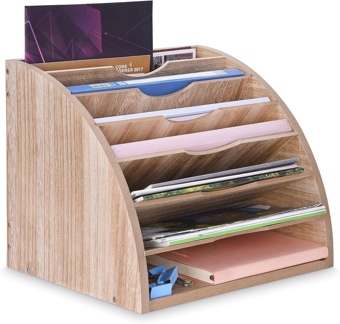WuGeShop Fan Shaped File Organizer, 7 Tier Desk Paper Organizer File Holder, Desktop Large File Sorter with Adjustable Compartments for Home Office School Classroom