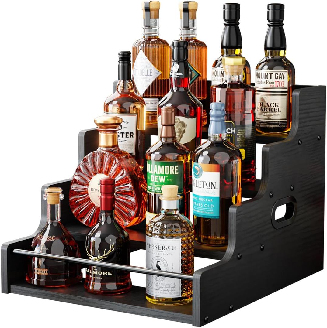 KLM Liquor Bottle Display Shelf, Coffee Syrup Rack Organizer, 4 Step Countertop Liquor Wine Rack, mini bar,liquor cabinet, Home Retro Bar Shelf Stand for Liquor Whiskey, (Black)