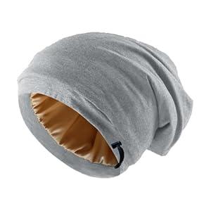 Adjustable Silk Bonnet for Sleeping Women Men, Satin Lined Sleep Cap for Curly Hair (Medium, Gray)
