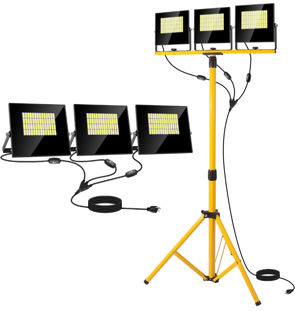 36000Lumen LED Work Lights with Stand - 3 Head Foldable Stand Work Light with 16FT Cord - IP67 Waterproof Tripod Lights for Outdoor Indoor Job Site Workshop Garage Construction Site Lighting