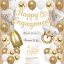 Trgowaul Champagne Gold Engagement Party Decorations, Happy Engagement Banner Backdrop, Bride&Groom Sash for Bridal Shower, Ring Foil Balloon, Just Engaged Cake Topper Wedding Shower Decor