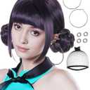 BESTBEL+6 Earrings+Hair Cap Short Dark Purple Wigs with 2 Buns for Women Dark Purple Anime Wigs for Adult KP Stage Outfits for Women Halloween Party Cosplay