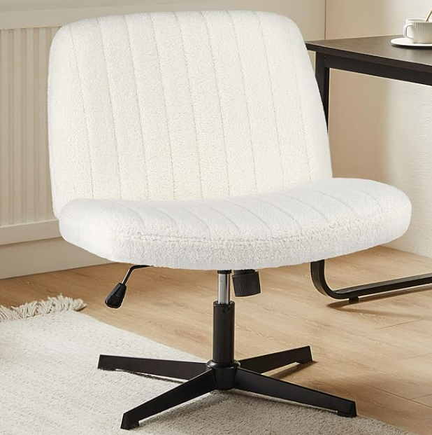 Sweetcrispy Criss Cross Chair Legged, Armless Office Wide Desk Chair No Wheels, Swivel Vanity Height Adjustable Fabric Modern Computer Task Seating for Home - Teddy Beige