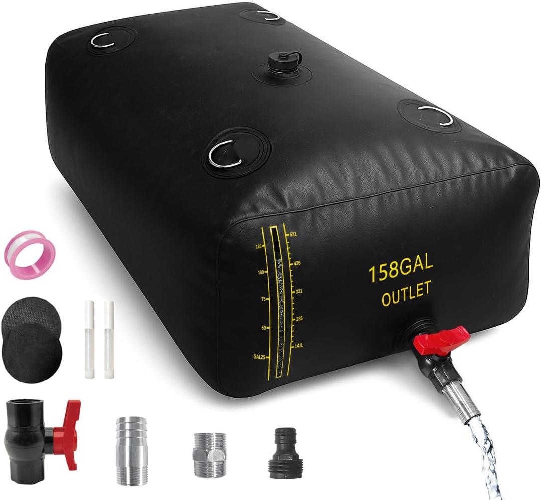 600L/158Gal Water Bladder with Water Level Indicator, PVC Foldable and Portable Water Tank with 3 Connectors and Overflow Kit, Ideal for RV, Camping, Rainwater Collecting, Planting Watering