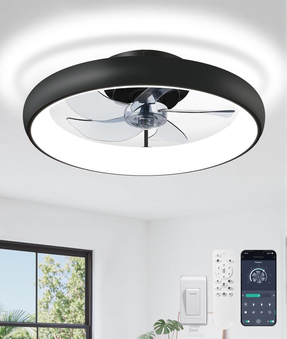 Ultra Low Profile Ceiling Fans with Lights and Remote Ultra Quiet 25 dB, 21" Modern Flush Mount LED Ceiling Fan Fandelier Ceiling Fan for Bedroom Kitchen (Matte Black)
