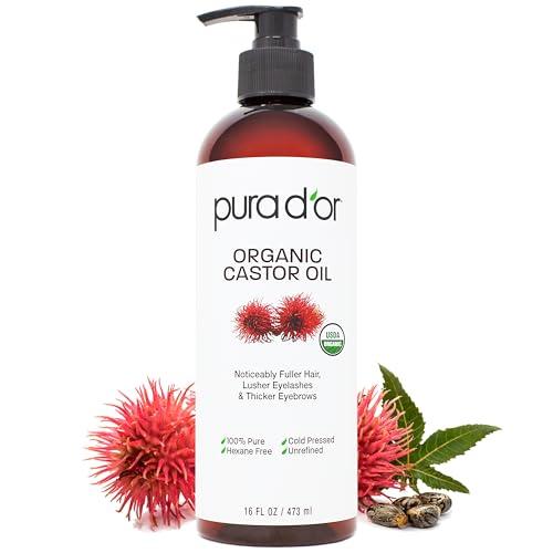 PURA D'OR ORGANIC Castor Oil (16 Oz) Pure Cold-Pressed Hexane-Free USDA Certified – Lashes Brows Hair Scalp Skin – Botanical Moisturizer for Softness Strength Hydration Shine Radiance