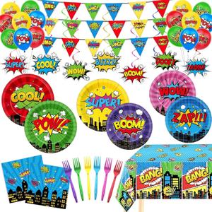 139Pcs Hero Theme Party Supplies with 24 Hero 9'' Plates 24 Hero 7'' Plates 24 Super Theme Swirls 16 Balloons 2 Banners 1 Tablecloth 24 Napkins 24 Forks for Kids Boy Birthday Party Decorations