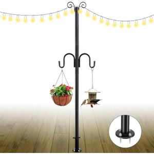 String Light Poles, 10FT Patio Light Poles for String Lights Metal Post Pole with Hooks to Hang Outdoor String Lights, Plant Baskets, Bird Feeder (Matte Black(1pc))