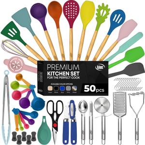 Kaluns 50 PCS Silicone Kitchen Utensils Set Complete Kitchen Set - 800F Heat Resistant Non-Stick Premium Cooking Utensils W Wooden Handles - Can Opener, Masher, Turner, Silicone Spatula Set (Multicolor)