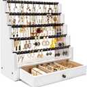 Pinzoveco Earring Organizer, 5 Layer Earring Holder Organizer with Necklace Holder Pole, Rustic Wood Jewelry Organizer Stand Display for Stud Earring Bracelet Necklace Ring, 175 Earring Holes (White)