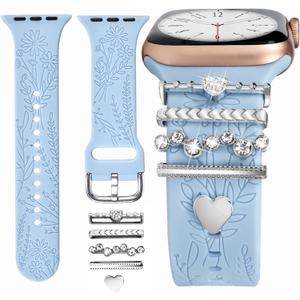 Watch Band Charms (Band Included), Compatible with Apple Watch Band 38mm 40mm 41mm 42mm(S10), Floral Engraved Silicone Straps Accessories for iWatch Bands Ultra 3 2 1 Series se 11 10 9 8 7 6 5 4 3 2 1 (SkyBlue Band/Silver Diamond Rings)