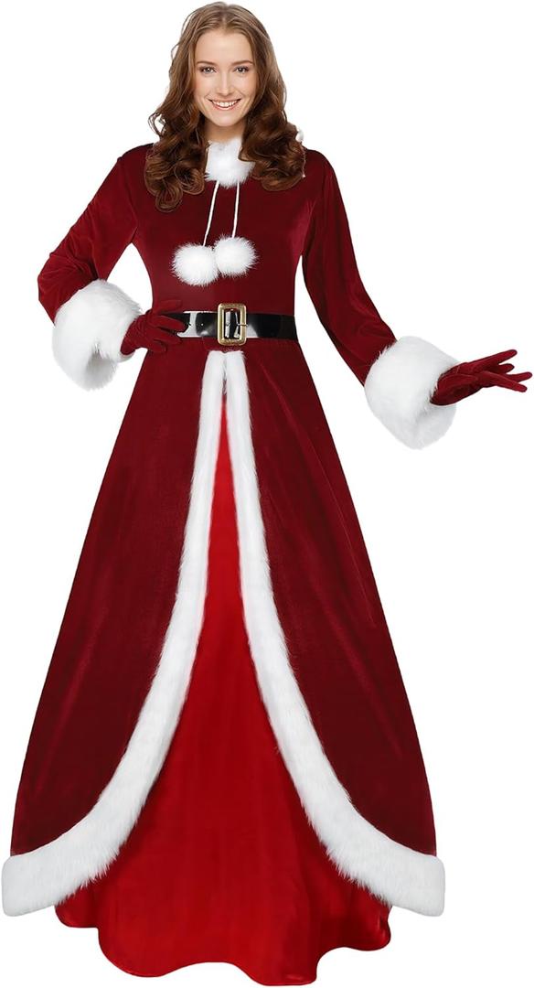 Haysandy Mrs Claus Costume Women Christmas Claus Costume Santa Dress Velvet Hooded Xmas Cosplay Outfit with Gloves (Medium, Maroon)