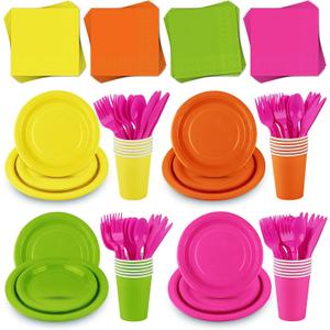 Kochorie 192 Pieces Neon Party Supplies Disposable Paper Plates Cups Napkins Plastic Forks Knives Spoons for Neon Festival Birthday Party Decor, Serves 24 Guests