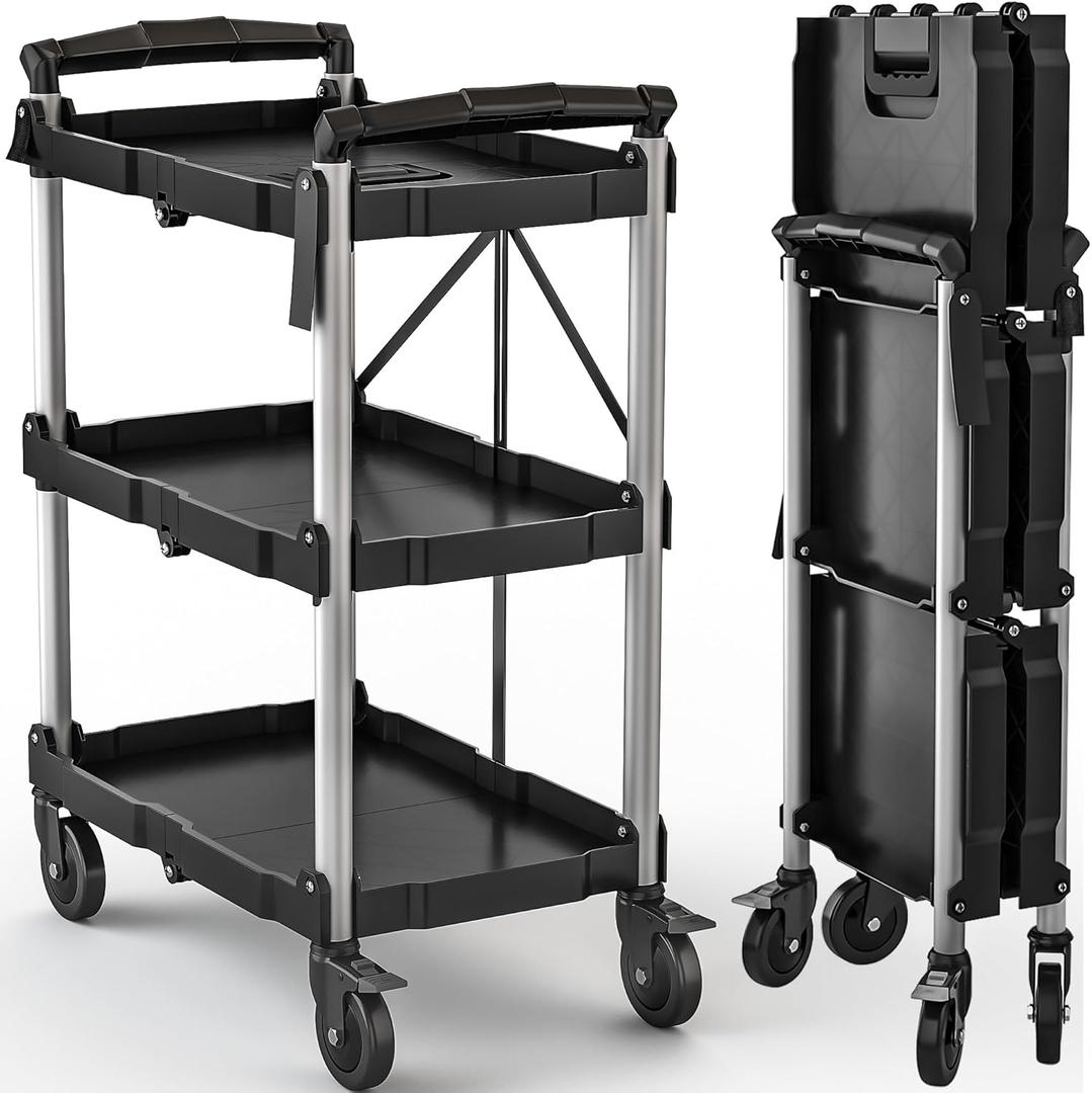 DWVO 3-Tier Folding Utility Cart, Foldable Service Cart Heavy Duty Collapsible Rolling Cart with 360 Swivel Wheels and Brake, 350LBS Load Capacity Portable Utility Cart for Kitchen, Warehouse, Garage