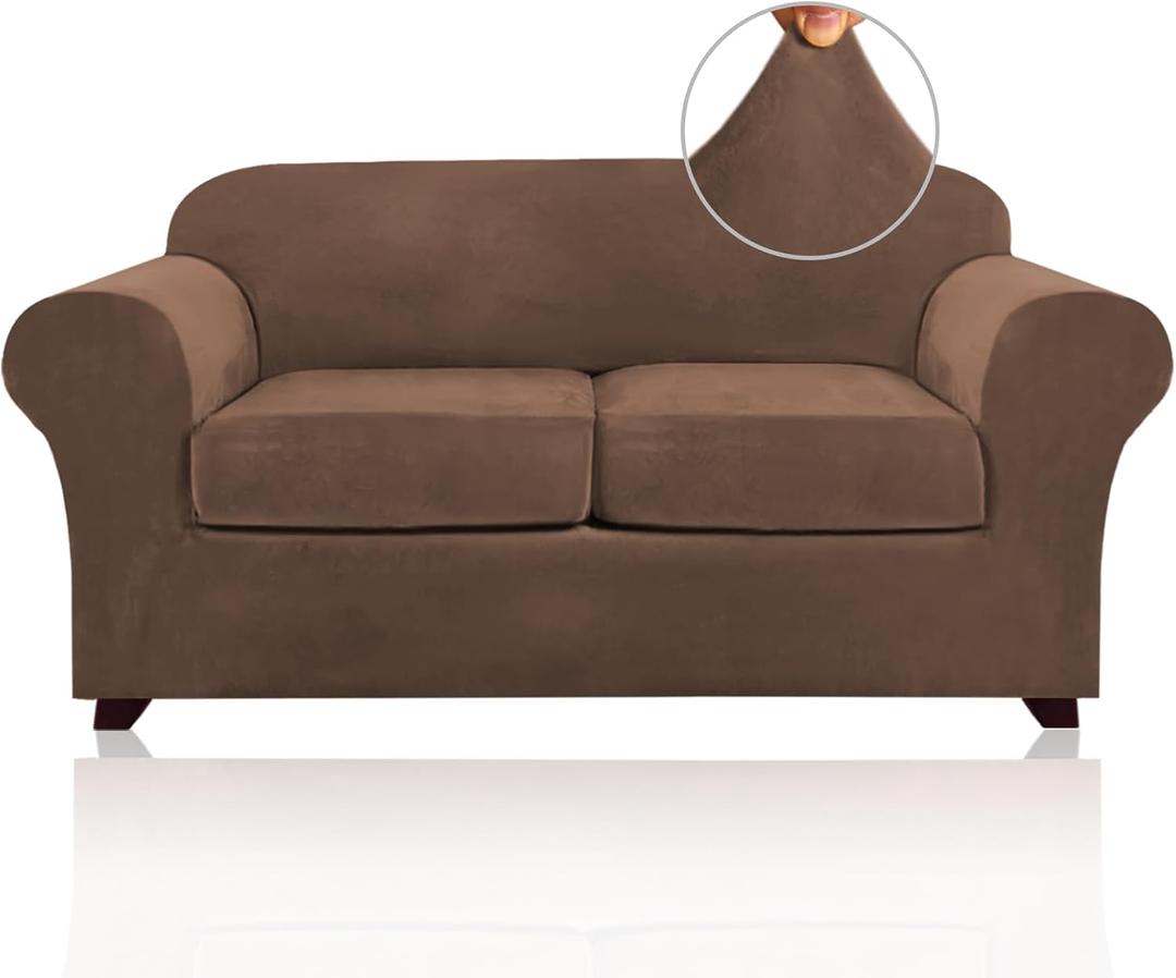 PrinceDeco Velvet Couch Cover Loveseat Covers for 2 Cushion Couch 3 Piece Sofa Covers for Dogs Washable Loveseat Covers Width Up to 72 Inch No Slip Stretch Sofa Slipcover(Medium, Caramel)