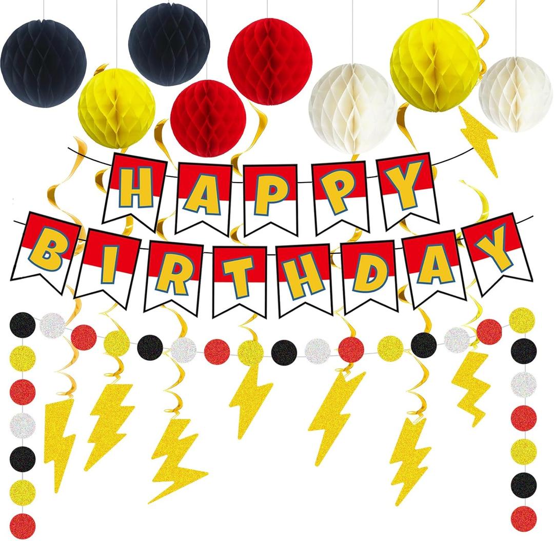 Cartoon Animation Birthday Party Decorations, Party Supplies Birthday Banner, Honeycomb Balls, Gold Theme Hanging Swirls, Circle Dots Garland, for Boys and Girls