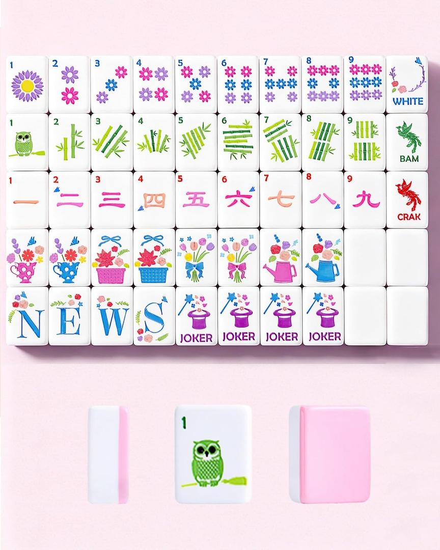 Mahjong Tile Set 1.2 160 Acrylic Engraved American Mah Jongg Game Tiles with PU Bag 6 Dice Accessories Gifts for Majong Players Beginners Cute Pink Blossom