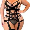 WDIRARA Women's Exotic Strappy Harness Hollow Out Underwired 4 Piece Lingerie Set XL