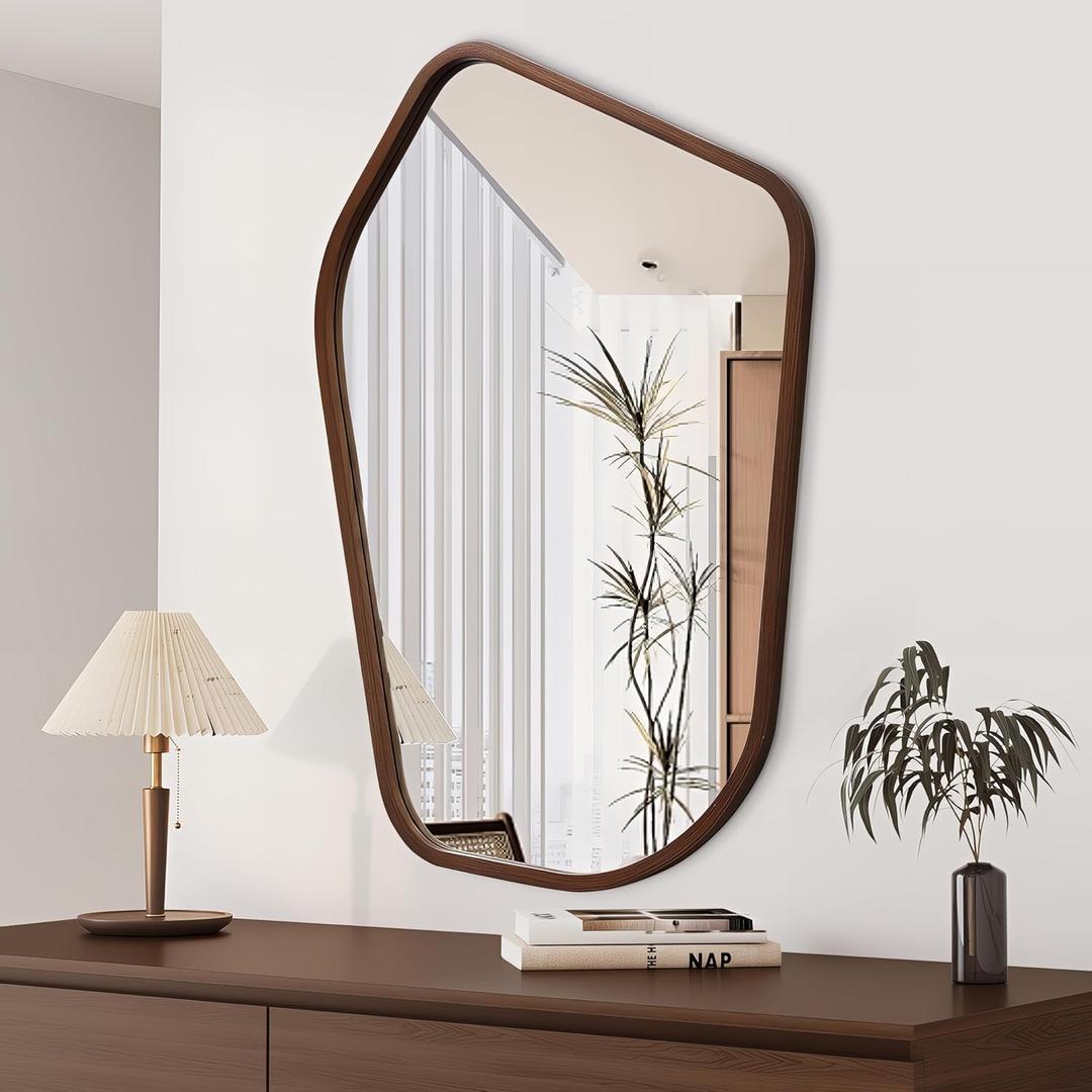40"x28" Irregular Wall Mirror, Farmhouse Asymmetrical Mirror for Wall Decor, Wood Frame Bathroom Mirror for Living Room Bedroom Entryway Bathroom, Walnut