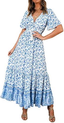 R.Vivimos Womens Summer Cotton Short Sleeve V Neck Floral Print Casual Bohemian Midi Dresses XL