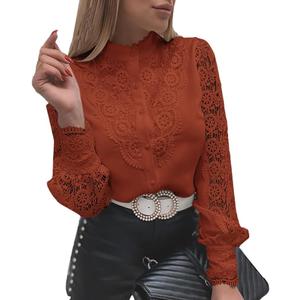 Rooscier Women's Lace Crochet Mock Neck Long Sleeve Button Elegant Blouse Shirt Top (X-Large, Caramel)