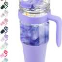 Tronco 40 oz Glass Tumbler with Straw and Lid, Leak-proof Flip Straw, Reusable Glass Tumbler with Handle, Iced Coffee Cup with Plastic Lid, Glass Water Bottles Fit in Cup Holder,Smoothie Cup (Purple)
