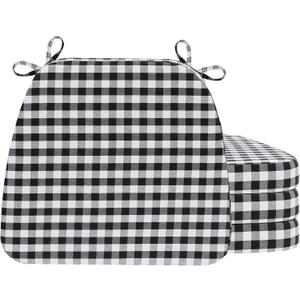AAAAAcessories D-Shaped Chair Cushions, 2" Thick Dining Chair Pads with Ties and Removable, Machine-Washable Cover, 17" x 16", Set of 4, Checkered Black/White