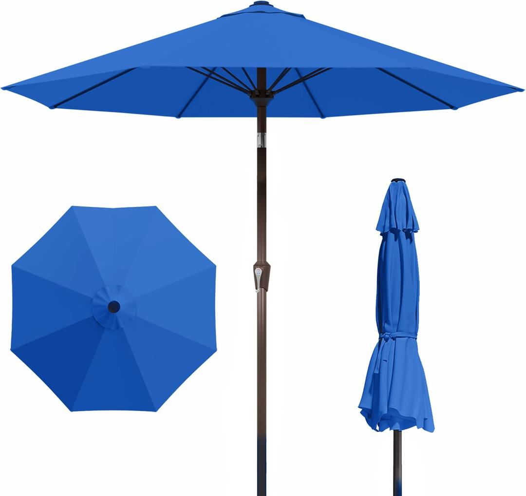 PatioKingdom Auto-Tilt 9FT Patio Umbrella Outdoor with 8 Sturdy Fiberglass Ribs,Market Table Umbrella for Pool,Backyard,Deck and Garden,Royal Blue