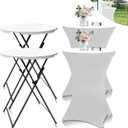 2Sets 32in Hightop Folding Cocktail Tables+Covers, White-Spandex Stretch Folding Bar Table Covers, Removable Legs Bar Height Folding Table Outdoor Indoor Use (2+2White/2Covers+2Tables)