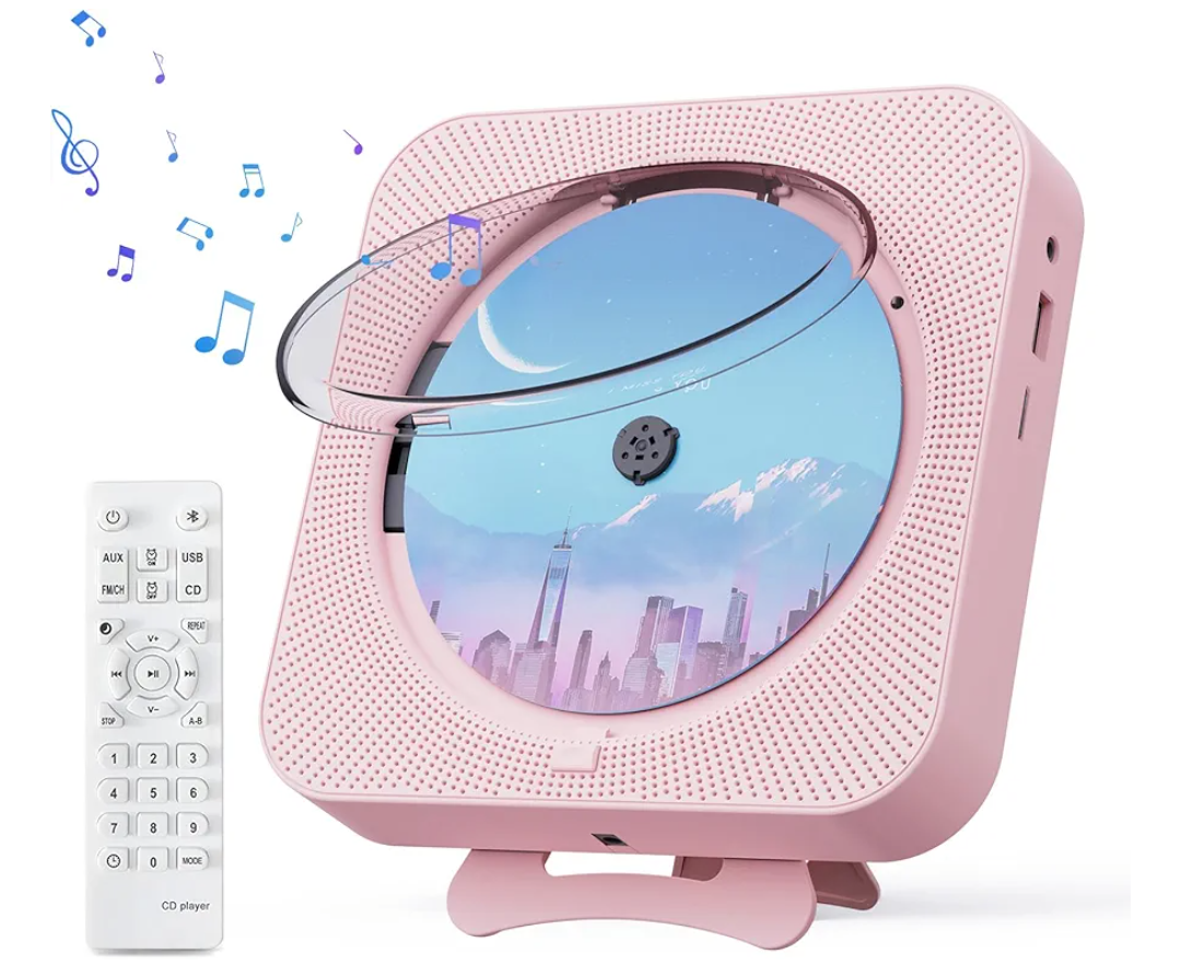 Portable CD Player with Bluetooth Desktop CD Player for Home CD Music Players with Remote Control, Timer, Built-in Dual Speakers with LED Display Home Audio Boombox FM Radio (Pink)