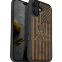 Carveit Magnetic Wooden Case for iPhone 17 Case, Wood Artisan Engraved & Black Soft TPU Shockproof Cover, Compatible with MagSafe Wireless Chargers (Gadsden and The American Flag) Walnut
