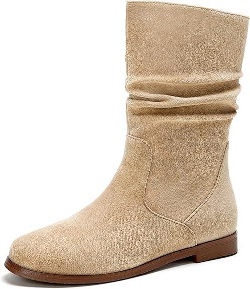 Pixoecuty Slouch Ankle Boots For Women Booties For Women Low Heel Flats Mid Calf Zipper Khaki ASIAN Size 40