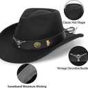 Women & Men Felt Western Cowboy Hat Classic Roll Up Brim Belt Buckle Cowgirl Fedora (M) (Black)