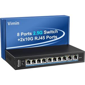 10-Port 10G/2.5G Ethernet Switch with Dual 10GBASE-T, Vimin 8X 2.5G +2 x 10Gb RJ45 Ports Unmanaged Switch, 80Gbps Capacity, 10G Switch Desktop/Wall Mount Network Switch for NAS, PC, Wireless AP