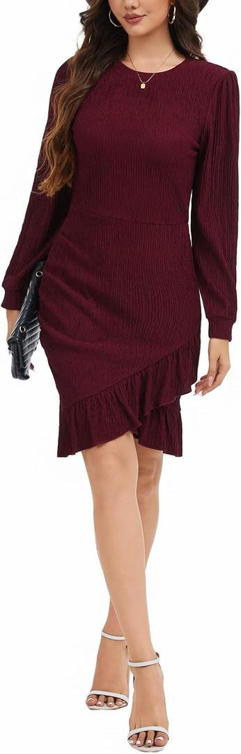 Women's Crewneck Casual Long Sleeve Sweater Dress Ruched Wrap Work Wedding Split Mini Dresses (XXL)