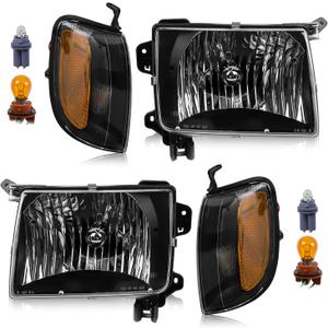 Headlight Assembly with Corner Light Compatible with Nissan Xterra 2000 2001 | Frontier 1998-2000, Black Housing Clear Lens Halogen Headlamp for 26010-3S525 26060-3S525, 4Pcs without Bulbs