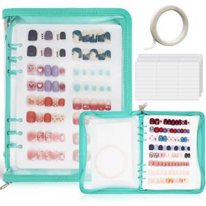 KEIFIN Press On Nail Storage Organizer Binder with 8 Insert Pages - A5 Size Reusable Fake Nail Swatch Collecting Book Polish Color Display Holder Container with Tape and Zipper Pocket (CYAN)