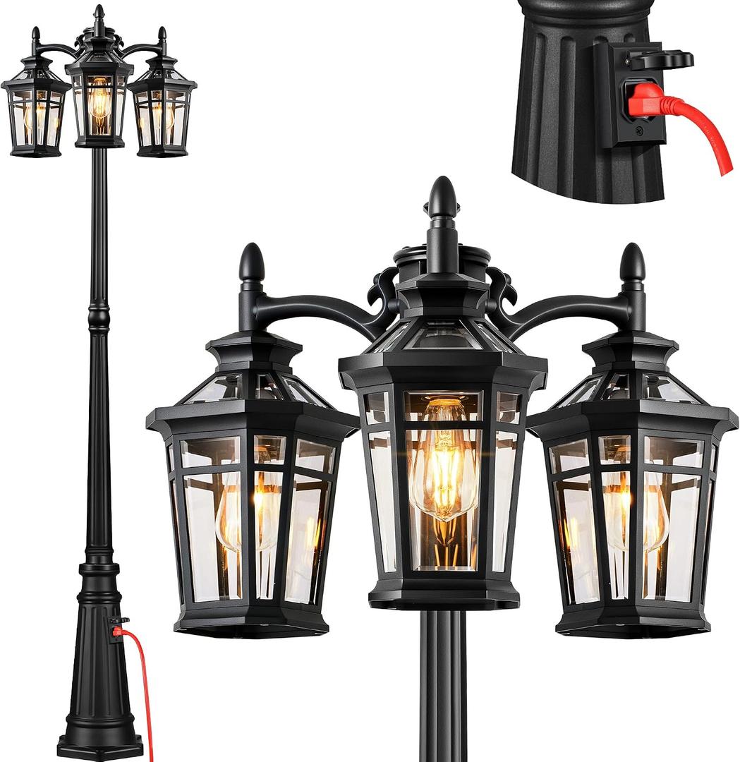 Dusk to Dawn Outdoor Lamp Post Light with Outlet, Black 3-Head | Photocell Sensor, Extra Waterproof Outlet, Hardwired 120V AC, 100% Aluminum Street Light, For Patio, Yard, Walkway, Garage