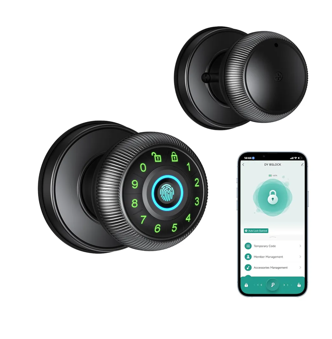 Fingerprint Door Lock - Smart Door Knob with Passcode Keypad, Finger Print Biometric Door Knobs & App Control, Keyless Smart Door Lock for Apartment Bedroom Hotel Office (Black)