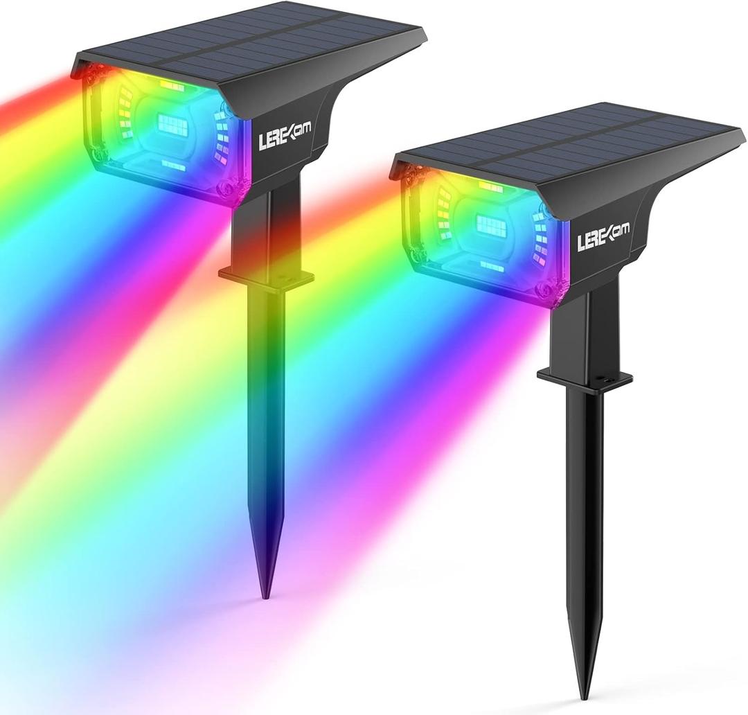 Pack of 2 Solar Outdoor Lights,40 LEDs Color Changing RGB Solar Landscape Path Lights,USB & Solar Powered Multicoloured Spotlights,14 Colors Auto Cycling Spotlights for Yard,Garden, 