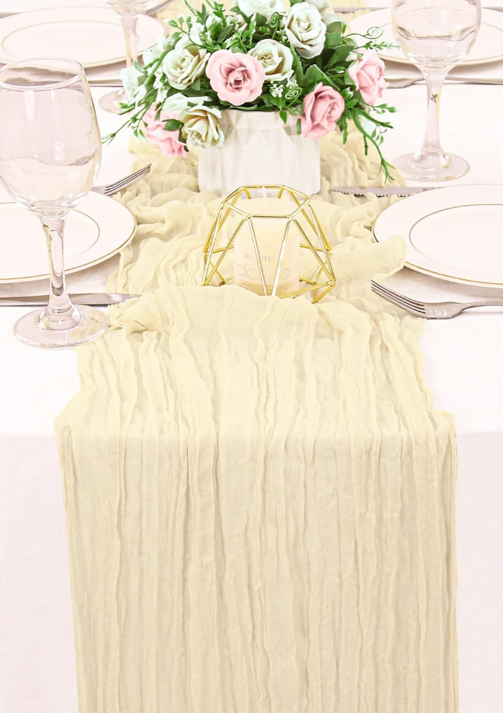 Beige Cheesecloth Table Runner Boho Rustic Gauze Sheer Romantic 10 FT Long Cheese Cloth Table Runner for Bridal Baby Shower Wedding Party Birthday Holiday Home Easter Decor