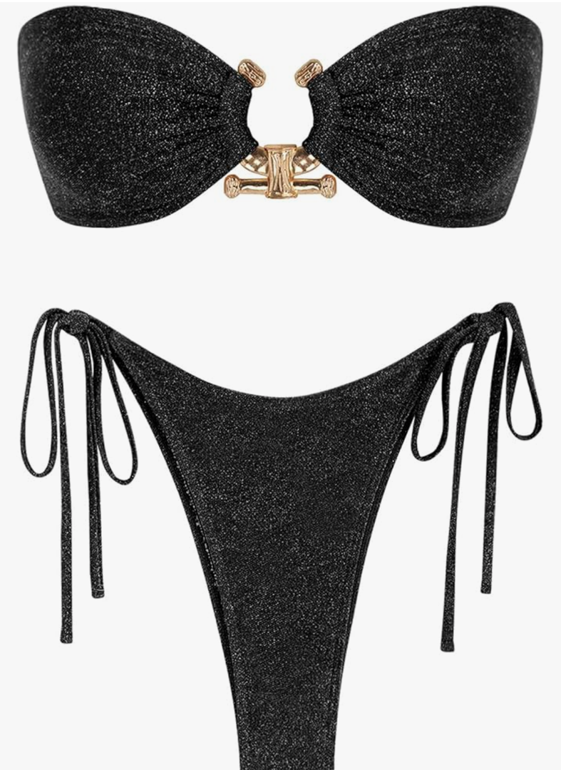 ZAFUL Metal Ring Bandeau Bikini Set Tie Side Bathing Suit High Cut 2 Piece Swimsuit Cutout Swimwear
