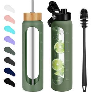 FULBEVY 32 oz Glass Water Bottles - 1 Liter Motivational Tumbler With Time Marker - Borosilicate Glass With Silicone Sleeve and 2 Lids, Handle Spout & Bamboo Straw Lid (Olive)