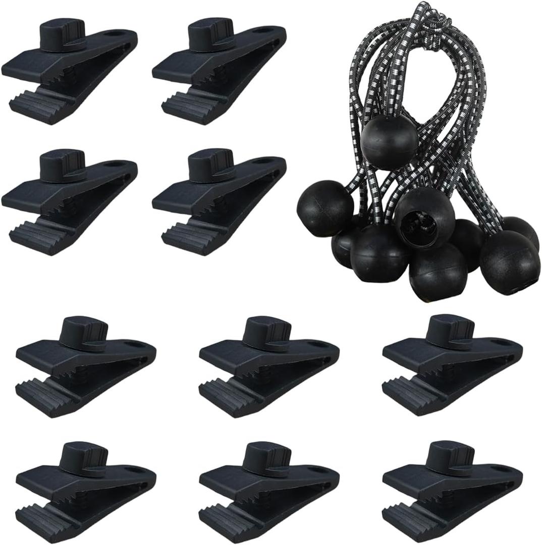YoRise 20PCS Tarp Clips Heavy Duty Lock Grip & Ball Bungee Cords, Shade Cloth Fastener Clips, Car Cover Clamp Holder for Pool Awning Cover, Shark Tent, Outdoor Camping (Black)
