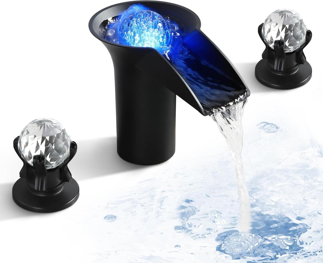 SKOWLL Waterfall Bathroom Faucet, Sink Faucet Bathroom 3 Hole Black and Crystal Faucet with LED Light Deck Mount 2 Handle